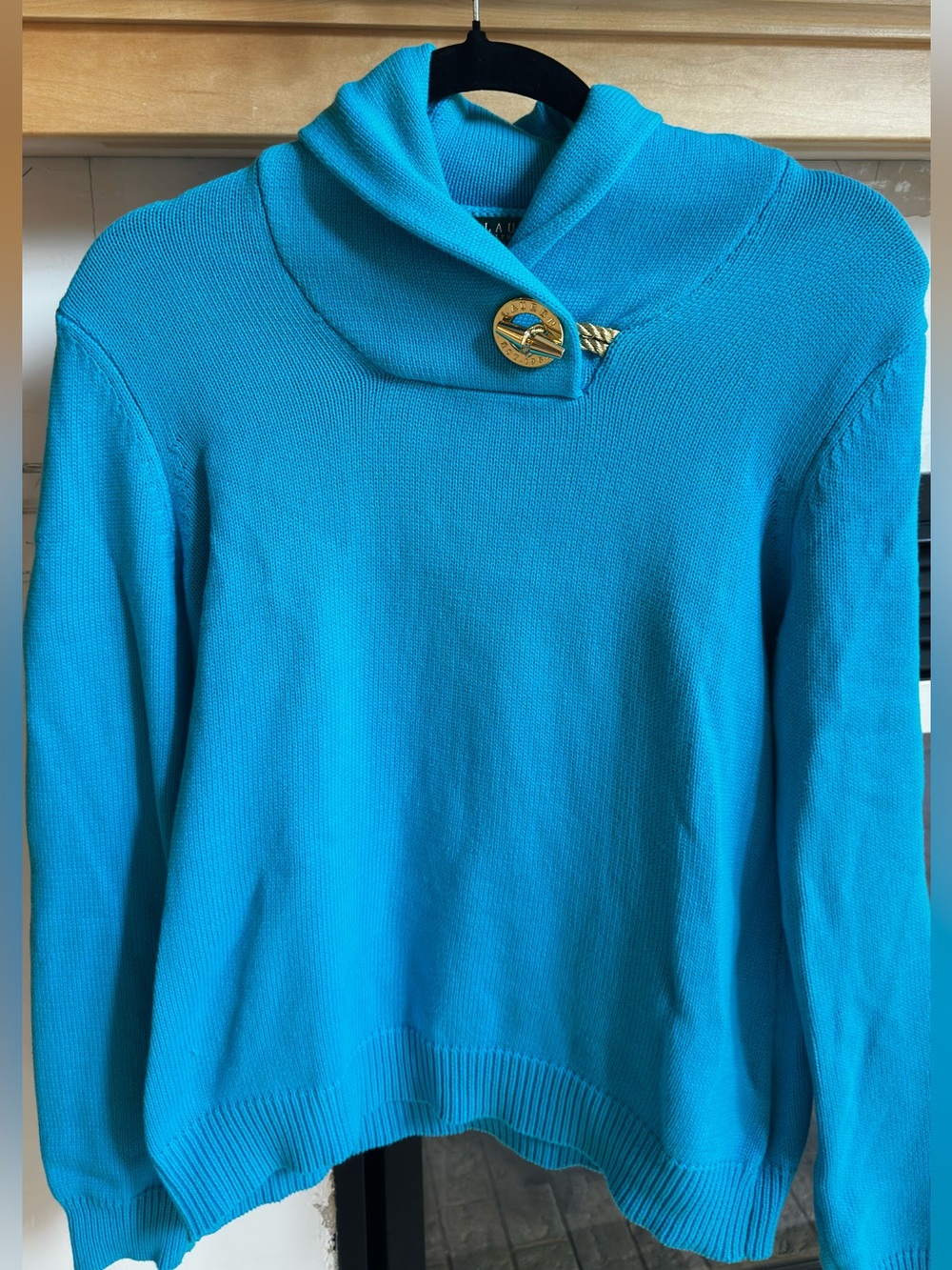 Ralph Lauren Bright Turquoise Sweater with Gold Toggle Button Medium EUC
